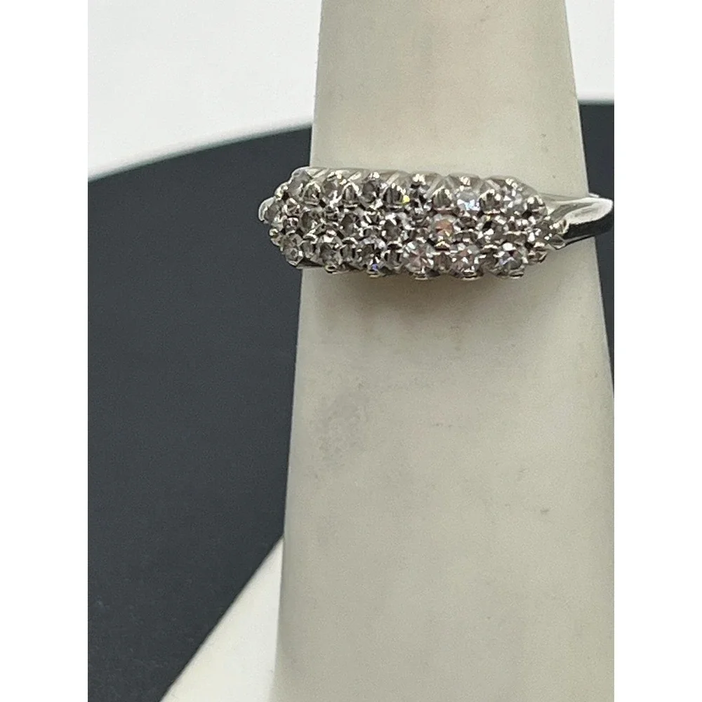 LAH 14K Vintage White Gold Triple-Row Diamond Prong Round Cluster Ring Sz 6.5